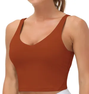 Women??s Longline Sports Bra Wirefree Padded Medium Support Yoga Bras Gym Running Workout Tank Tops(Brick Red)