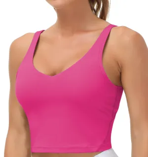Women??s Longline Sports Bra Wirefree Padded Medium Support Yoga Bras Gym Running Workout Tank Tops(Bright Pink)