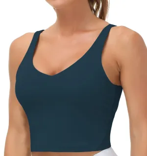 Women??s Longline Sports Bra Wirefree Padded Medium Support Yoga Bras Gym Running Workout Tank Tops(Dark Blue Green)