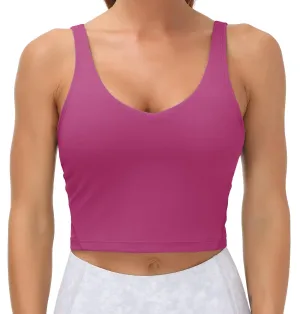 Women??s Longline Sports Bra Wirefree Padded Medium Support Yoga Bras Gym Running Workout Tank Tops(Fuchsia)