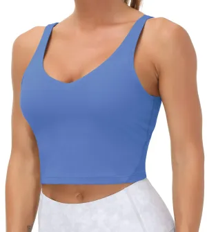 Women??s Longline Sports Bra Wirefree Padded Medium Support Yoga Bras Gym Running Workout Tank Tops(Sea Blue)