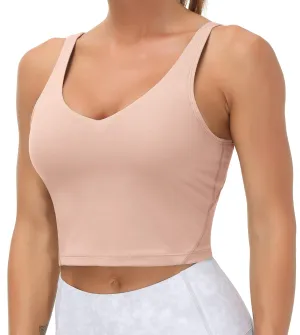 Women??s Longline Sports Bra Wirefree Padded Medium Support Yoga Bras Gym Running Workout Tank Tops(Soft Pink)