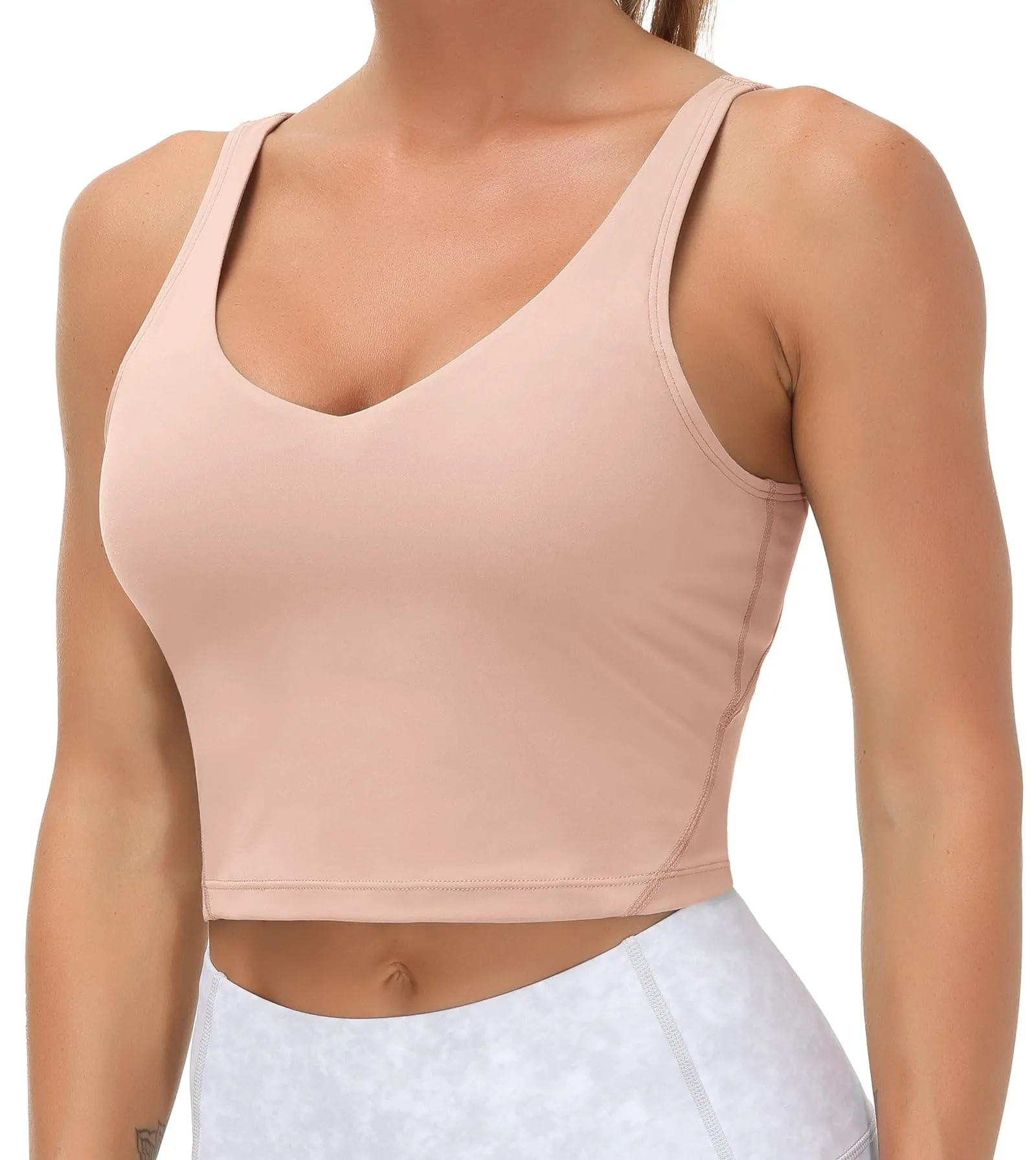 Women??s Longline Sports Bra Wirefree Padded Medium Support Yoga Bras Gym Running Workout Tank Tops(Soft Pink)