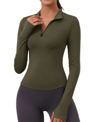 Womens Workout Tops Long Sleeve Athletic Golf Shirts Quarter 1/4 Zip Pullover Women Yoga Tops(Army Green)