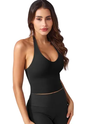 YEOREO Women's Halter Crop Top V Neck Workout Going Out Tank Top Hazel Padded Sleeveless Backless Trendy Summer Camisole Black