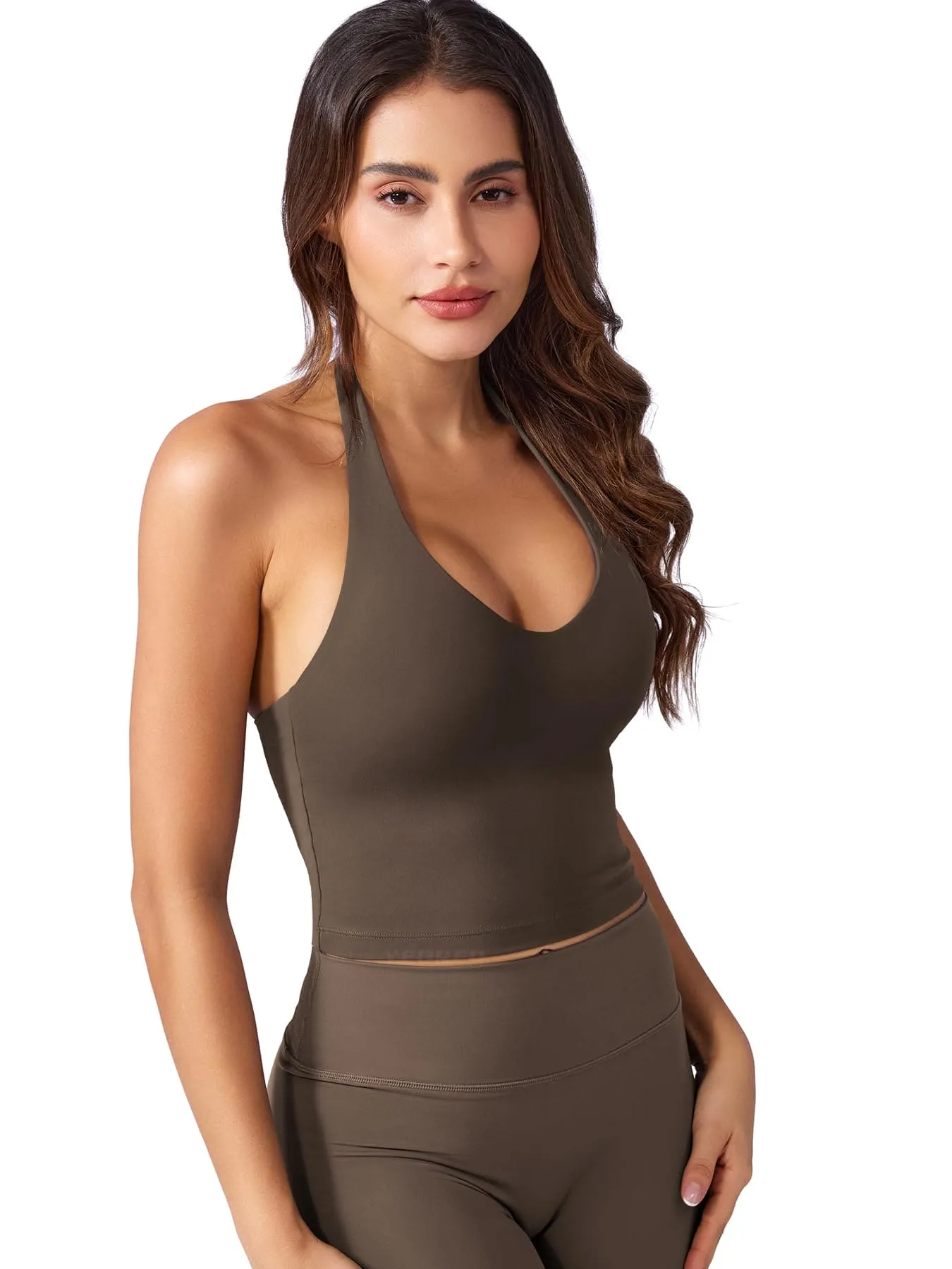 YEOREO Women's Halter Crop Top V Neck Workout Going Out Tank Top Hazel Padded Sleeveless Backless Trendy Summer Camisole Coffee