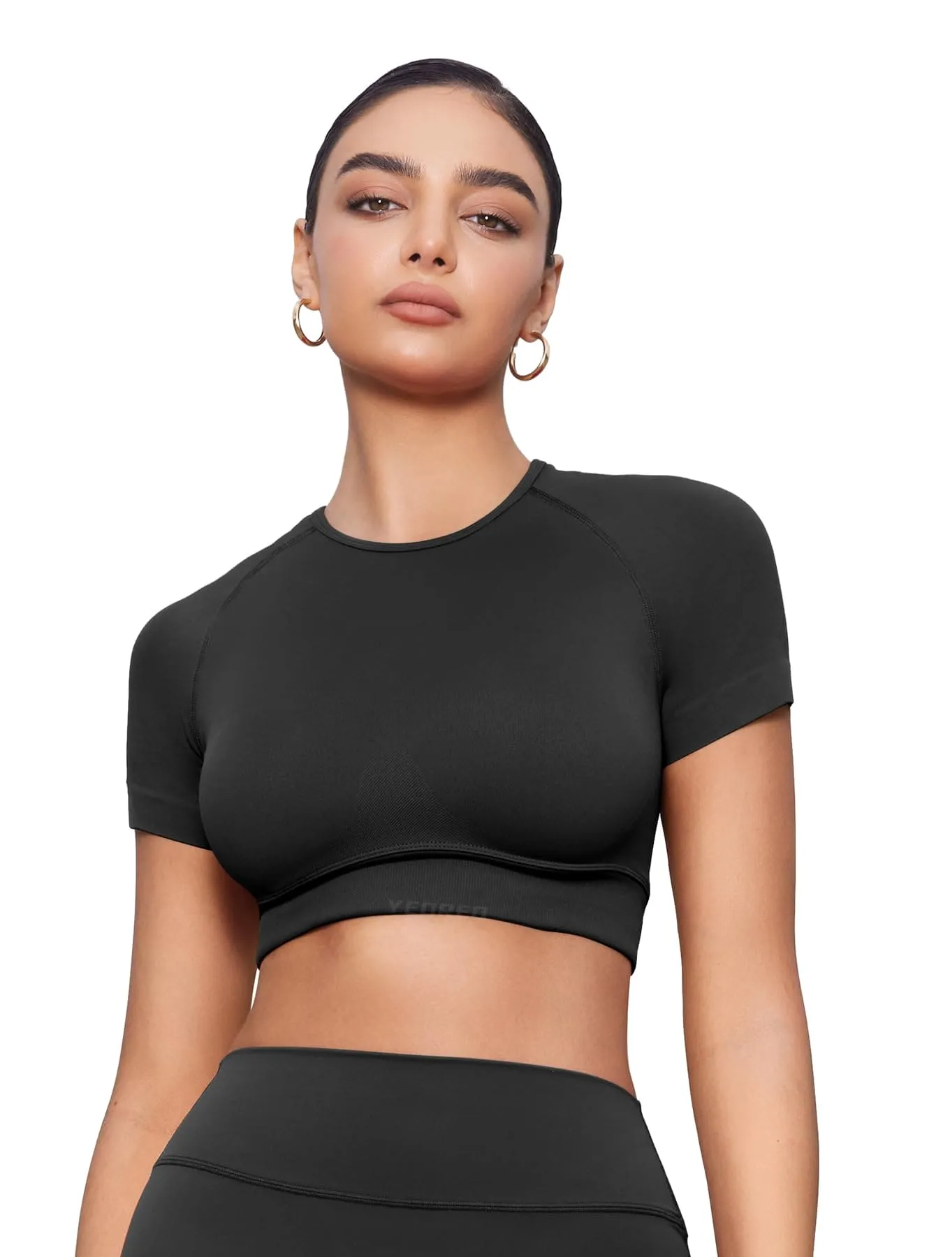 YEOREO Womens Short Sleeve Crop Tops Caliyta Seamless Workout Impact T Shirts Crew Neck Raglan Gym Yoga Tees Slim Fit Black