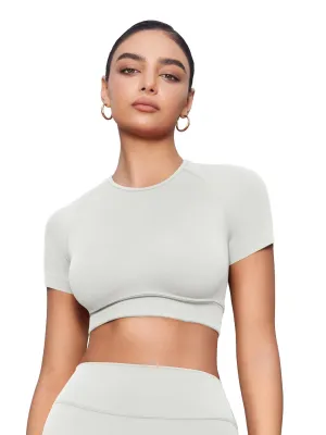 YEOREO Womens Short Sleeve Crop Tops Caliyta Seamless Workout Impact T Shirts Crew Neck Raglan Gym Yoga Tees Slim Fit Feather Rice