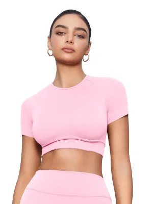 YEOREO Womens Short Sleeve Crop Tops Caliyta Seamless Workout Impact T Shirts Crew Neck Raglan Gym Yoga Tees Slim Fit Pink