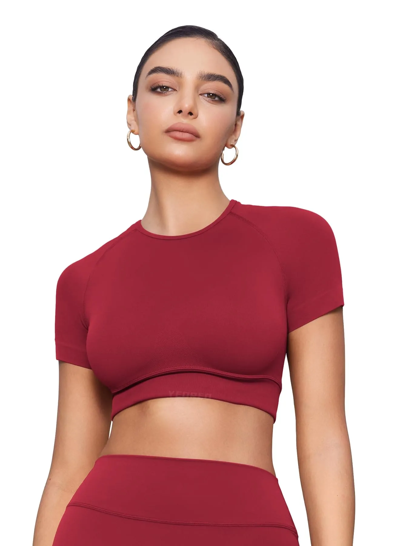 YEOREO Womens Short Sleeve Crop Tops Caliyta Seamless Workout Impact T Shirts Crew Neck Raglan Gym Yoga Tees Slim Fit Scarlett Red