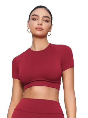 YEOREO Womens Short Sleeve Crop Tops Caliyta Seamless Workout Impact T Shirts Crew Neck Raglan Gym Yoga Tees Slim Fit Scarlett Red