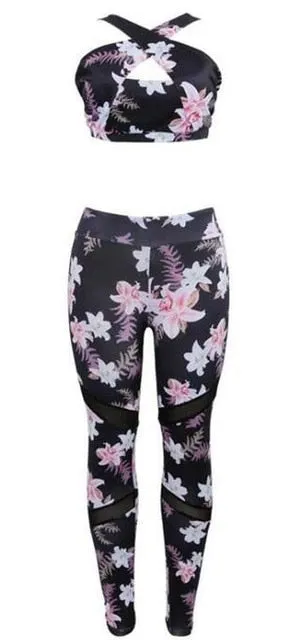 Yomay Women 2 Piece Yoga Set Floral Print Bra Long Pants Sports suit gym Fitness Suit vest tight legging Sport sets Sportswear