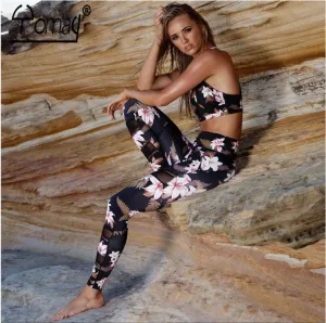 Yomay Women 2 Piece Yoga Set Floral Print Bra Long Pants Sports suit gym Fitness Suit vest tight legging Sport sets Sportswear